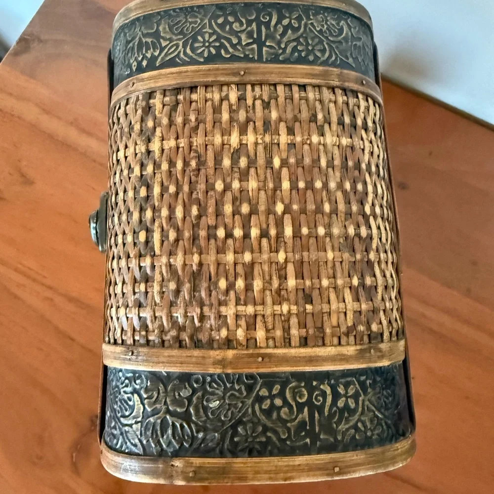 Vintage Woven Wooden Chest with Metal Accents trinket‎ box rustic 8x7x7”